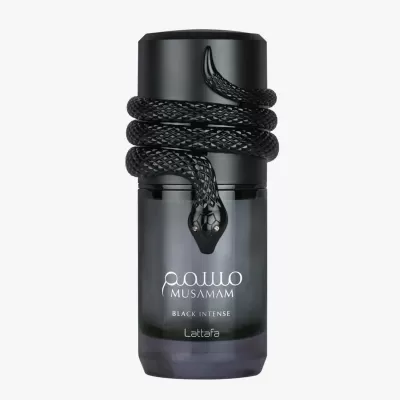 Frasco de perfume preto com cobra decorativa e texto Musamam Black Intense Lattafa