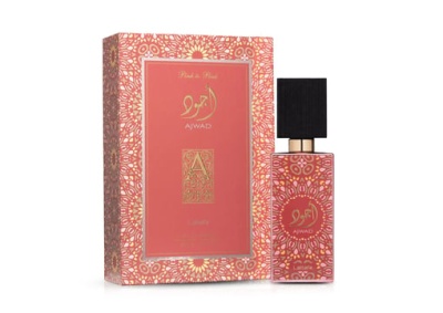 Perfume Ajwad com caixa decorada e frasco rosa com tampa preta