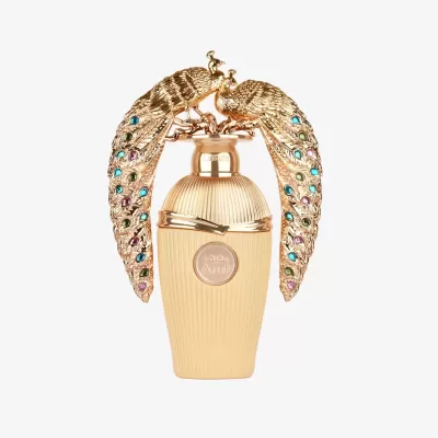 Frasco de perfume dourado decorado com pavões coloridos