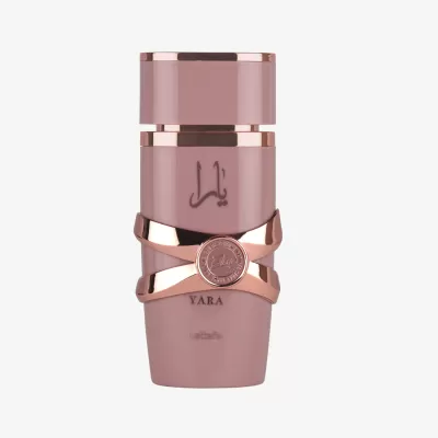 Frasco de perfume rosa nude com detalhes dourados e inscrições