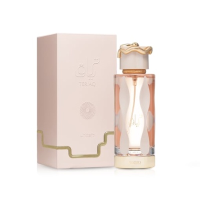 Frasco de perfume TERAQ com embalagem rosa e detalhes dourados