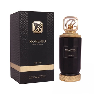 Frasco e caixa de perfume preto e dourado MOMENTO RIFFS