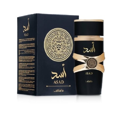 Perfume ASAD Lattafa em frasco preto e dourado com caixa preta e dourada