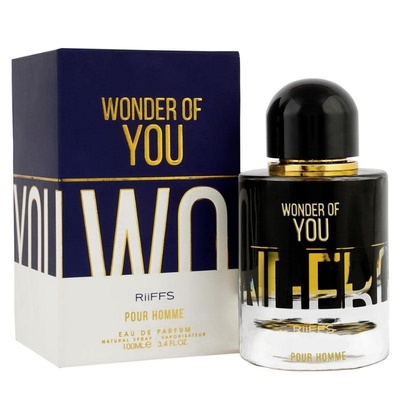 Frasco de perfume Wonder of You com caixa azul escura e branca