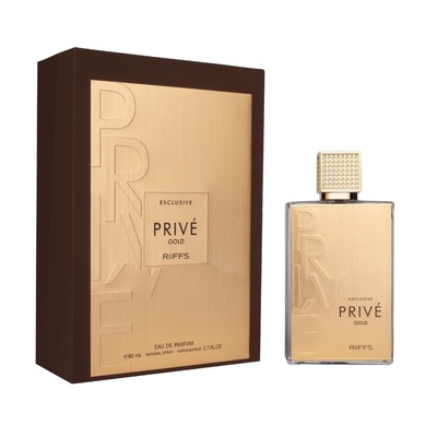 Frasco e caixa de perfume dourados e castanhos com texto Privé Gold RiiFFS.