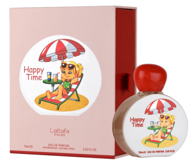 Perfume Happy Time Lattafa Pride embalagem cor de rosa com ilustração e frasco com tampa vermelha