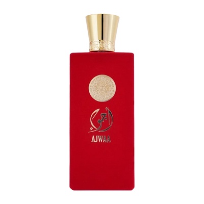 Frasco de perfume vermelho com tampa dourada e texto AJWAA