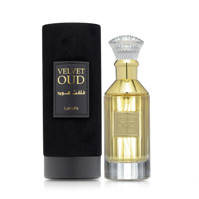 Frasco de perfume dourado com embalagem cilíndrica preta de veludo