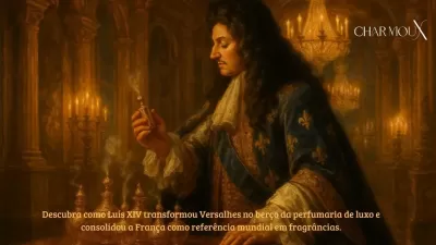 Homem em traje histórico segurando frasco perfumado em ambiente luxuoso com texto sobre perfumaria de luxo.