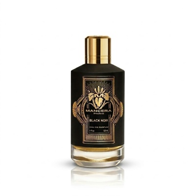 Frasco de perfume Mancera Black Noir com tampa dourada e rótulo preto e dourado