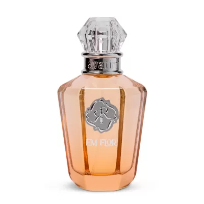Frasco de perfume laranja translúcido com tampa facetada e detalhes metálicos