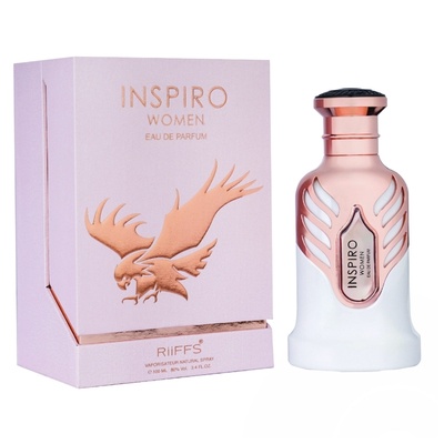 Frasco de perfume branco com detalhes dourados rosados ao lado de caixa lilás com desenho de águia
