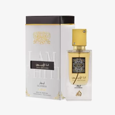 perfume Ana Abiyedh Leather com frasco transparente dourado e caixa branca com texto