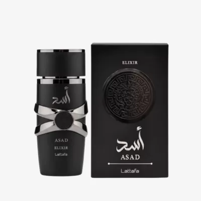 Frasco preto e embalagem de perfume ELIXIR ASAD Lattafa