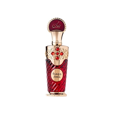 Frasco de perfume vermelho e dourado com texto JOHRA