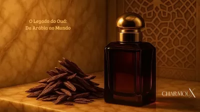Frasco de perfume castanho escuro e pedaços de madeira escura com texto sobre fundo castanho.
