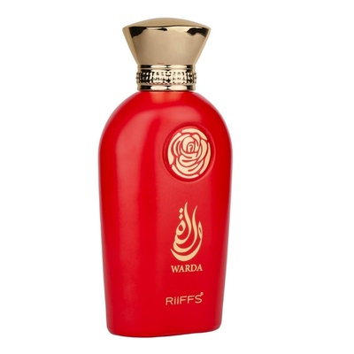 Frasco de perfume vermelho com tampa dourada e texto nas cores douradas