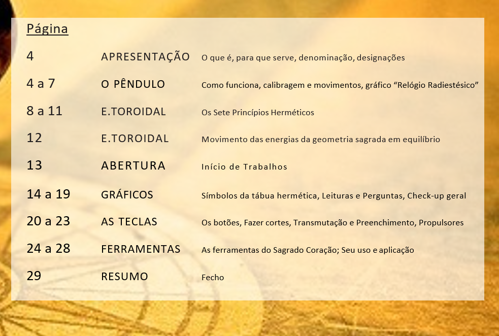 Mesa Radiónica Fénix 5D Índice de conteúdos com títulos e descrição em texto preto sobre fundo amarelo texturizado.