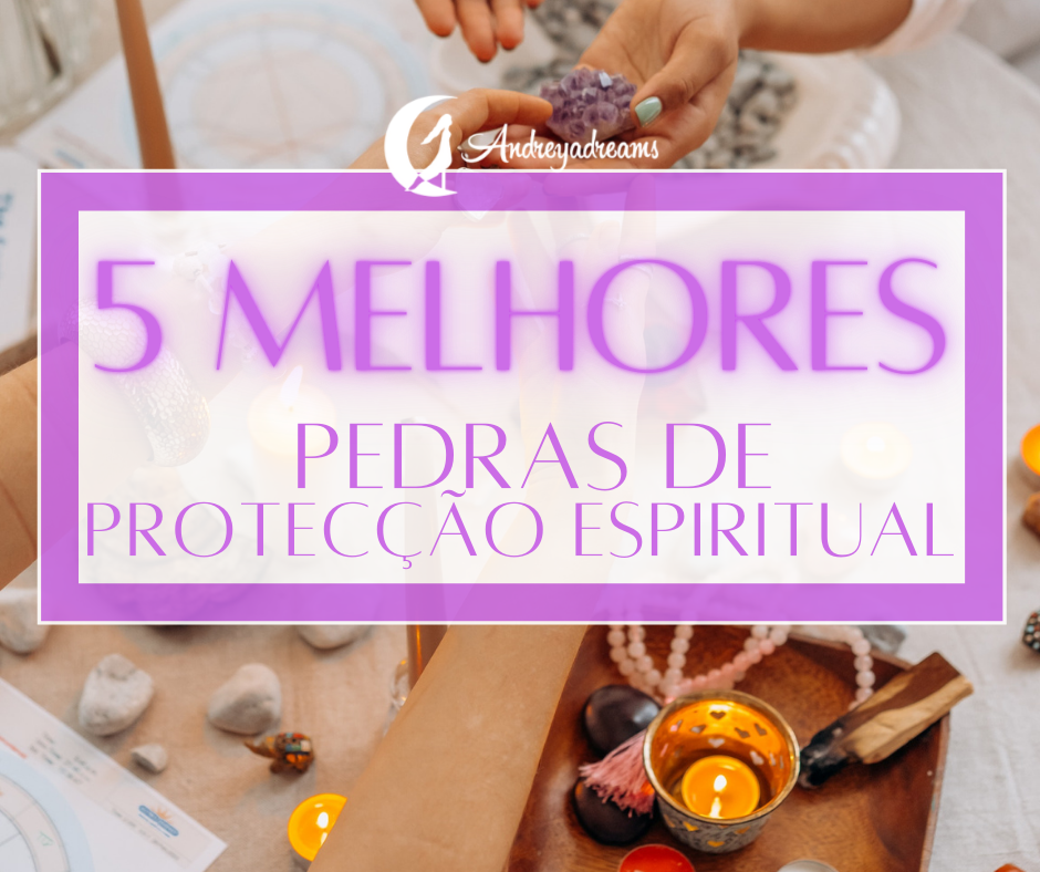 Pedras naturais, vela acesa e mão segurando pedra com texto sobreposto em português