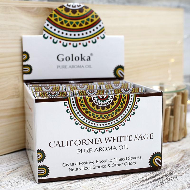 Óleo Essência de Salva Branca Caixa de óleo aromático Goloka California White Sage com padrão mandala colorido