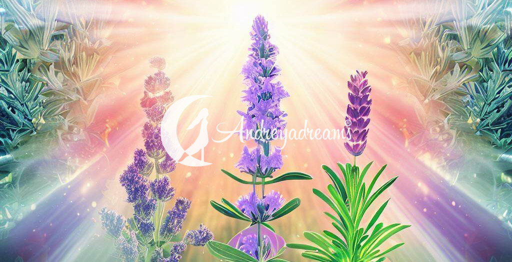 As 3 Ervas Arruda Alecrim e Alfazema com raio de luz por traz. Tem s&iacute;mbolo da Andreyadreams