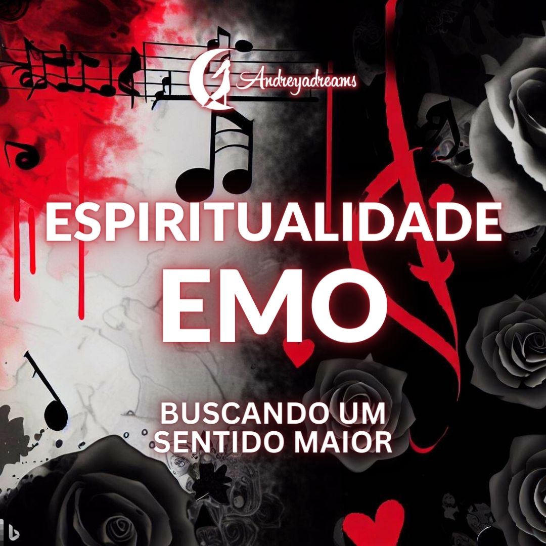 Imagem com música, rosas negras, corações vermelhos e texto sobre espiritualidade emo.