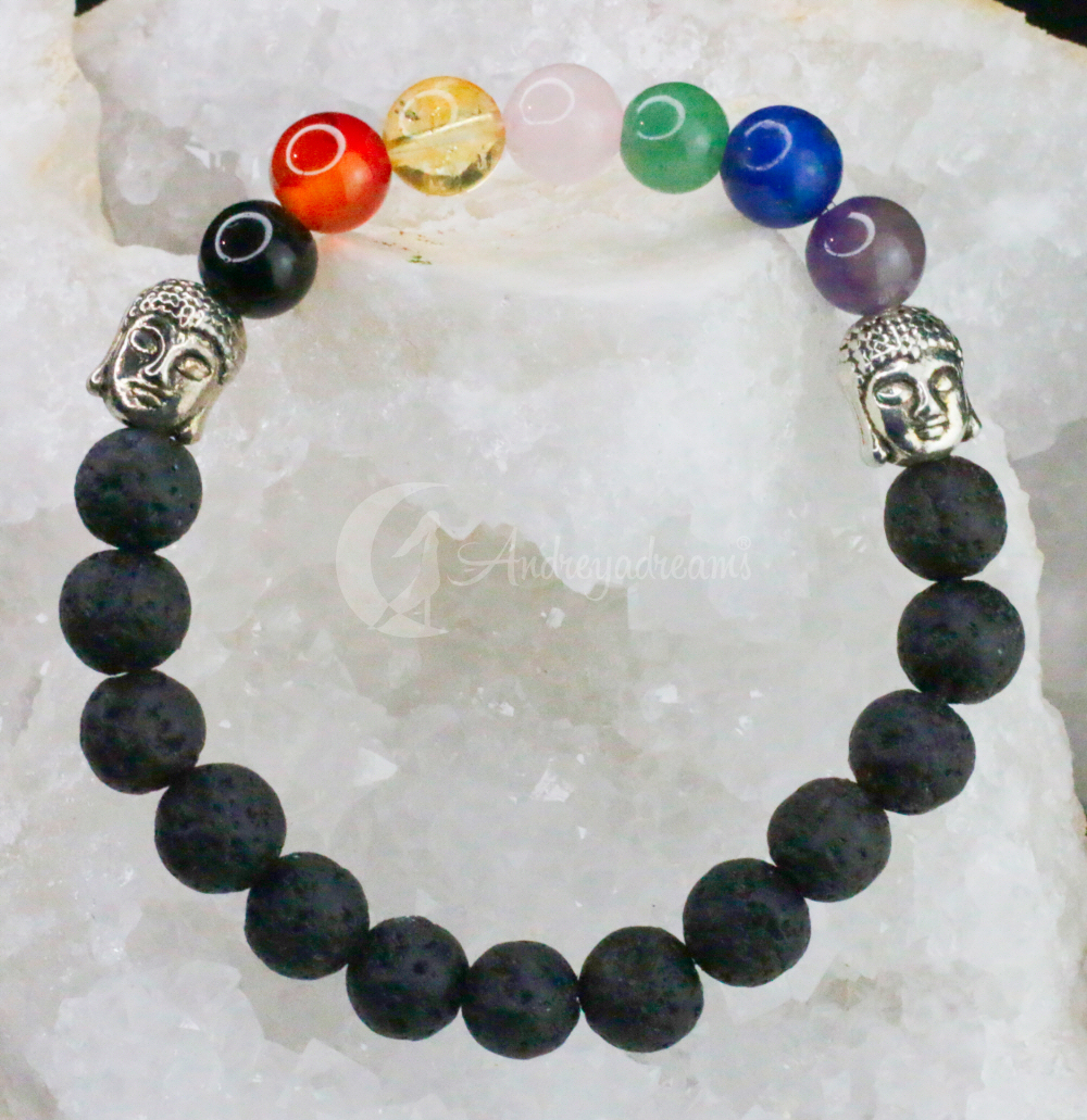 Pulseira Vulcânica 7 Chakras Buda Pulseira com contas negras, coloridas e cabeças de Buda sobre cristal