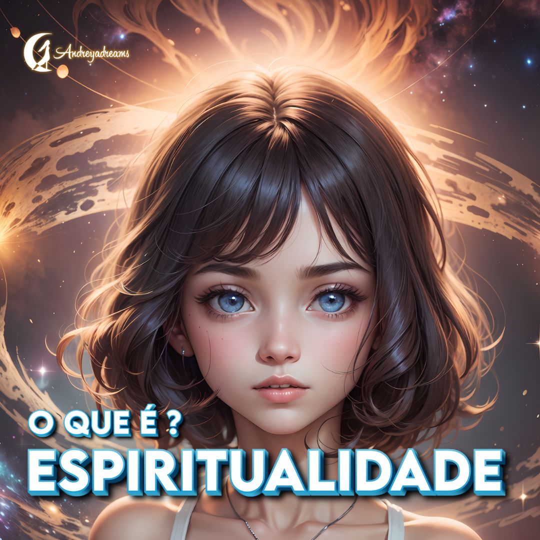 O que é espiritualidade? Personagem feminina digital com cabelo castanho e olhos azuis com texto O QUE É? ESPIRITUALIDADE