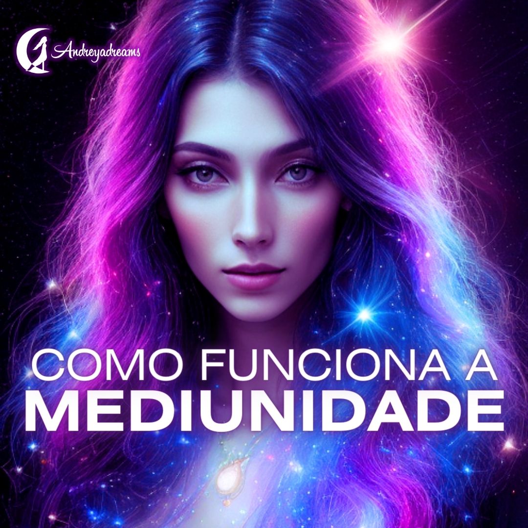 Rosto feminino com cabelo colorido e texto sobre mediunidade