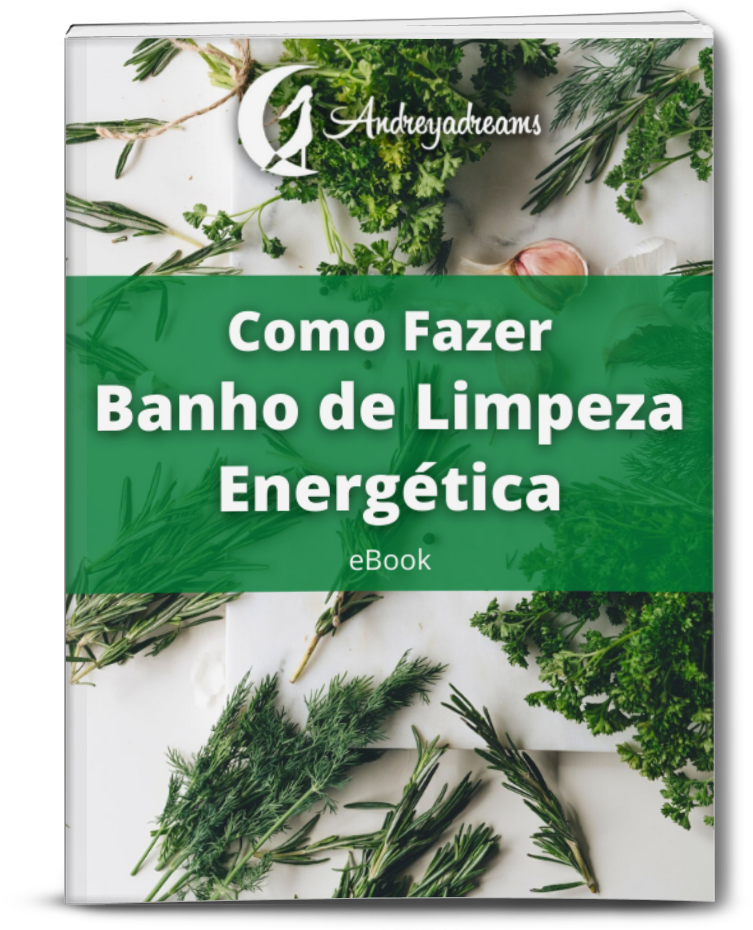 eBook Como Fazer Banho de Limpeza Energética Capa de eBook com título sobre banhos de limpeza energética e ervas verdes no fundo