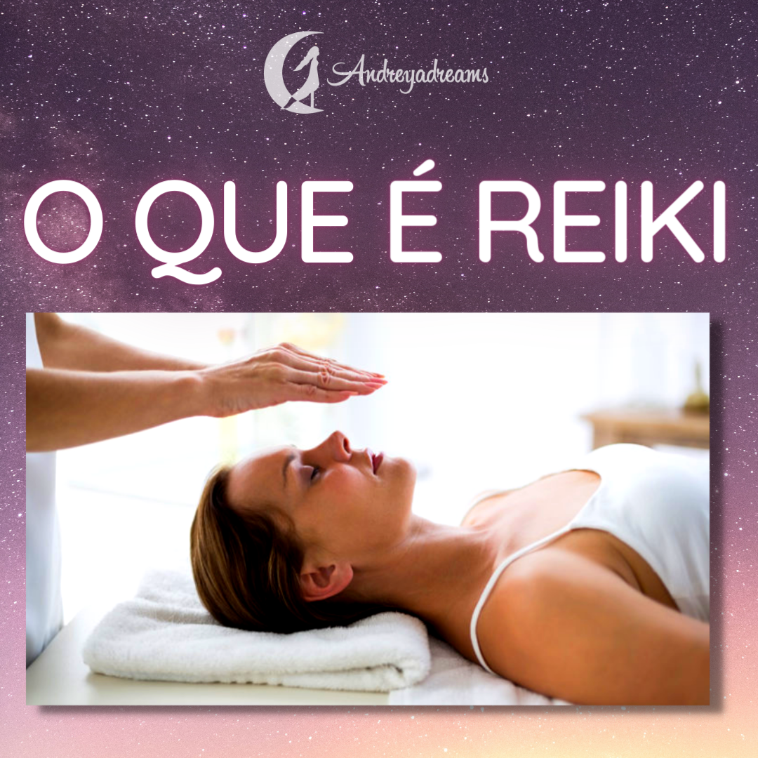 O que é Reiki Texto 'O QUE É REIKI' sobre imagem de mulher a receber terapia Reiki com uma mão próxima da cabeça.