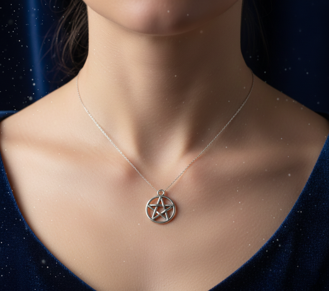 Pentagrama Colar prateado com pendente em forma de estrela no pescoço de uma pessoa com vestido azul escuro