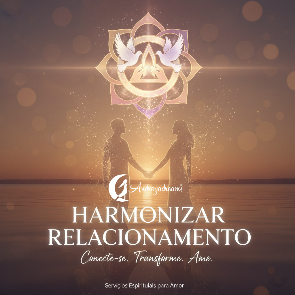 Silhuetas de casal de mãos dadas ao pôr do sol com texto e símbolos espirituais acima