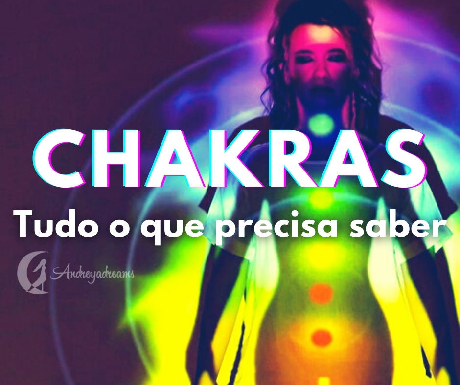 Pessoa em silhueta com chakras coloridos e texto CHAKRAS tudo o que precisa saber