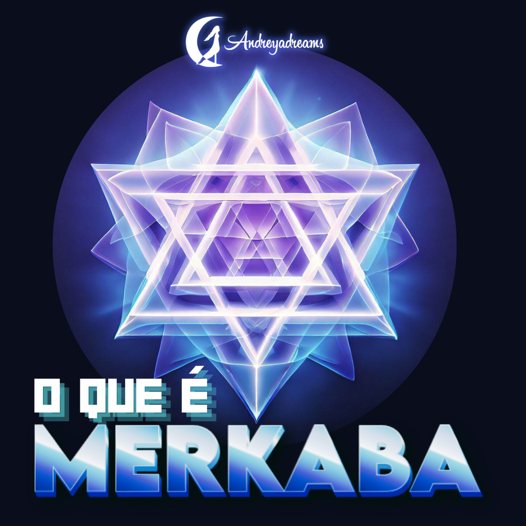 Forma geométrica luminosa azul e lilás com texto O QUE É MERKABA em fundo escuro