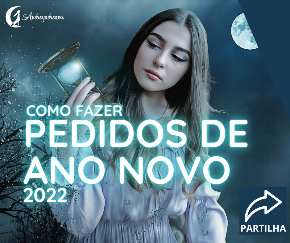 Mulher segurando lanterna num cenário noturno com texto sobre pedidos de Ano Novo 2022