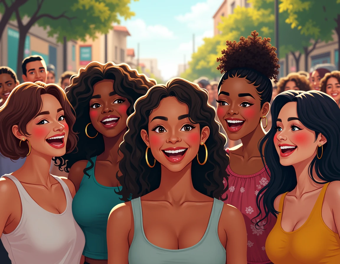 Cinco mulheres sorridentes em roupa de verão com acessórios dourados em rua urbana