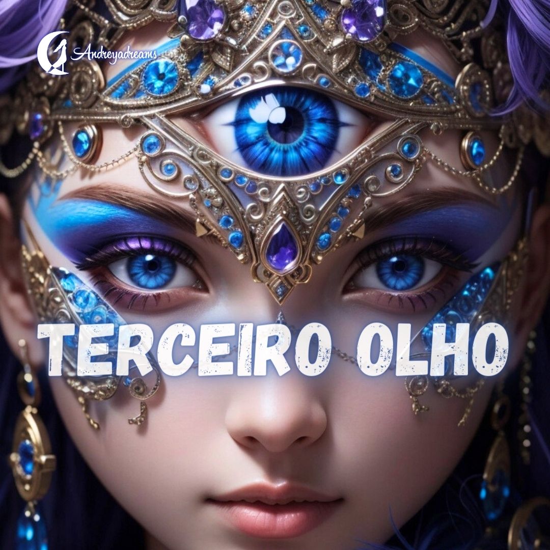 O Terceiro Olho Retrato digital feminino com terceira olho azul e coroa azul e dourada