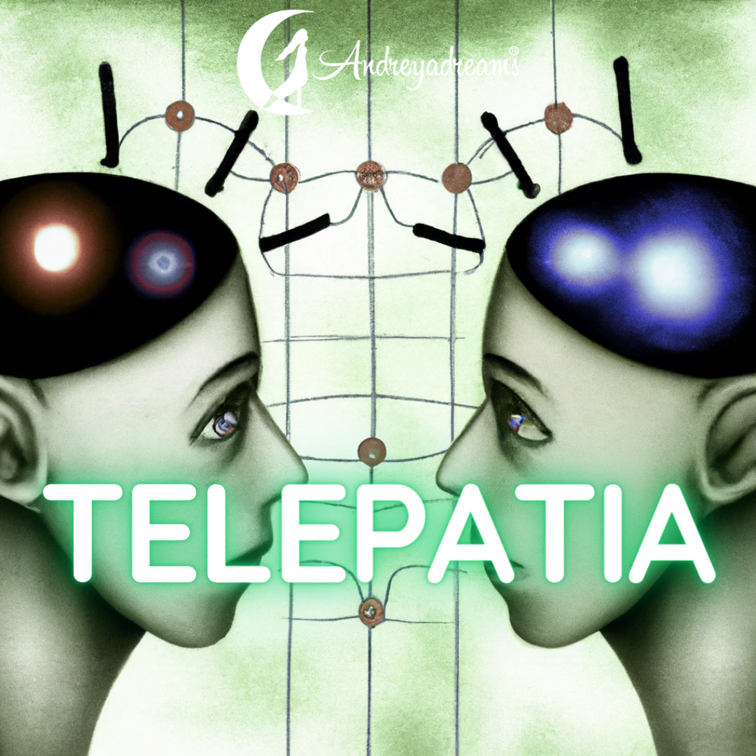 Dois rostos humanos estilizados de perfil com texto 'TELEPATIA' em fundo verde claro