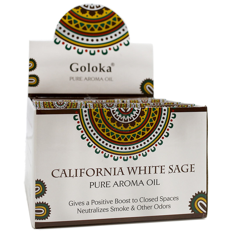 Óleo Essência de Salva Branca Caixa branca de óleo aromático Goloka California White Sage com padrões circulares coloridos e texto em inglês.