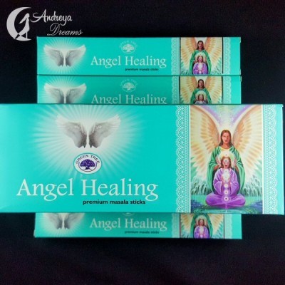 Pacotes de incenso Angel Healing em embalagens azuis com imagem de anjo