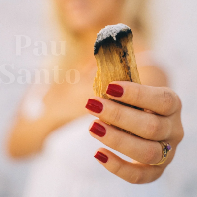 Mão segurando pedaço de pau santo com unhas vermelhas