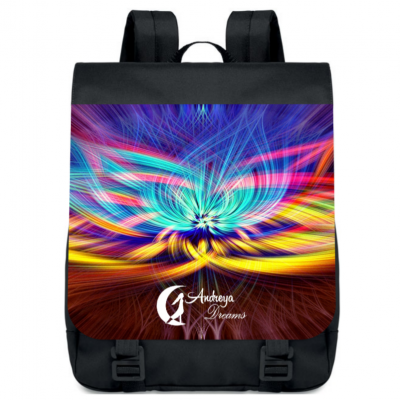 Mochila preta com padrão colorido abstrato e texto Andreya Dreams