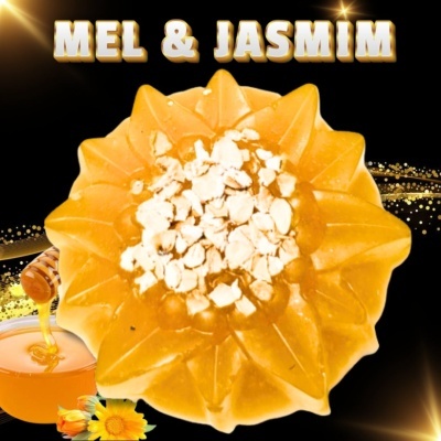Sabonete âmbar em formato de flor com texto MEL & JASMIM