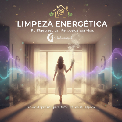 Mulher de vestido branco fazendo limpeza energética numa sala clara com cortinas e chão de madeira