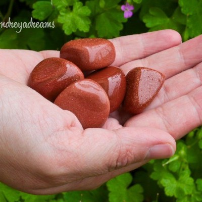 Mão com pedras castanhas polidas sobre fundo de folhas verdes