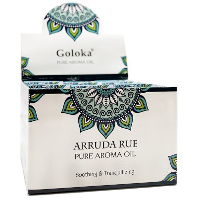 Caixa de óleo aromático Goloka Arruda Rue com padrão decorativo e texto
