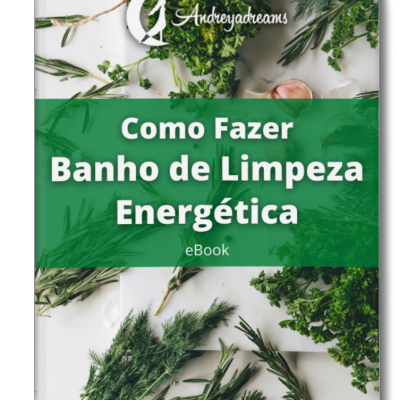 Capa de eBook com título sobre banhos de limpeza energética e ervas verdes no fundo