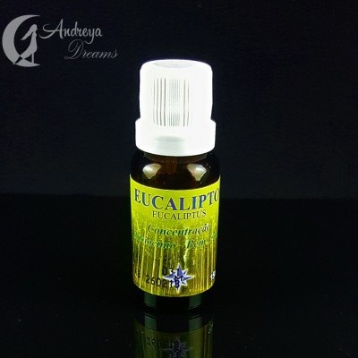 Frasco pequeno de óleo essencial de eucalipto com rótulo amarelo e tampa branca