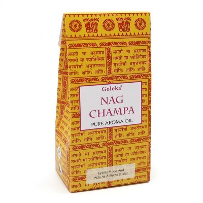 Embalagem amarela de óleo aromático Goloka Nag Champa com texto vermelho e preto